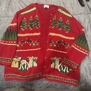 Stitches in Time Women's Size 1X Christmas Red Sweater‎ Cardigan Heavy